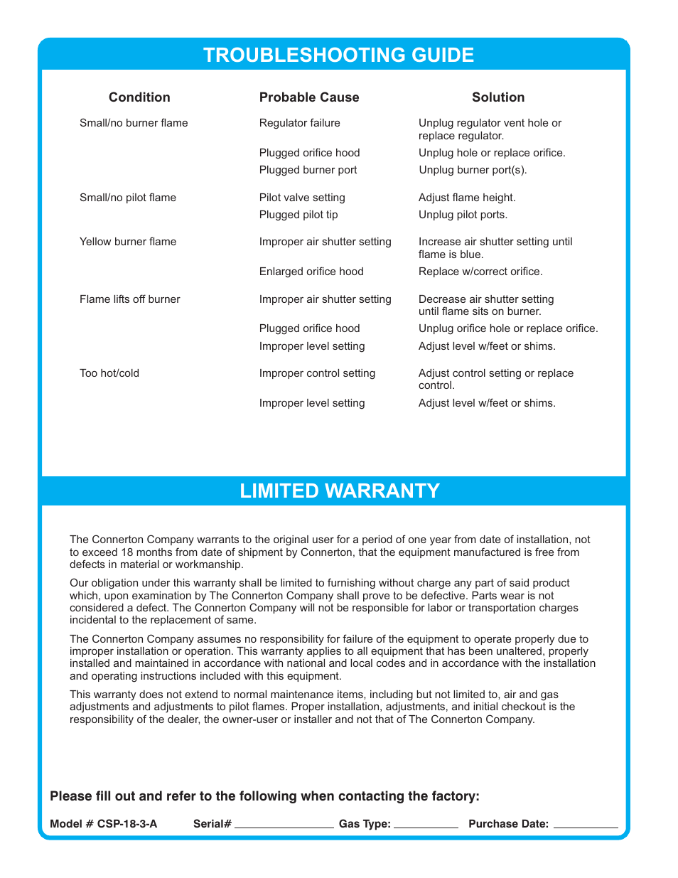 Troubleshooting guide, Limited warranty | Connerton CSP-A Budget Series User Manual | Page 4 / 4