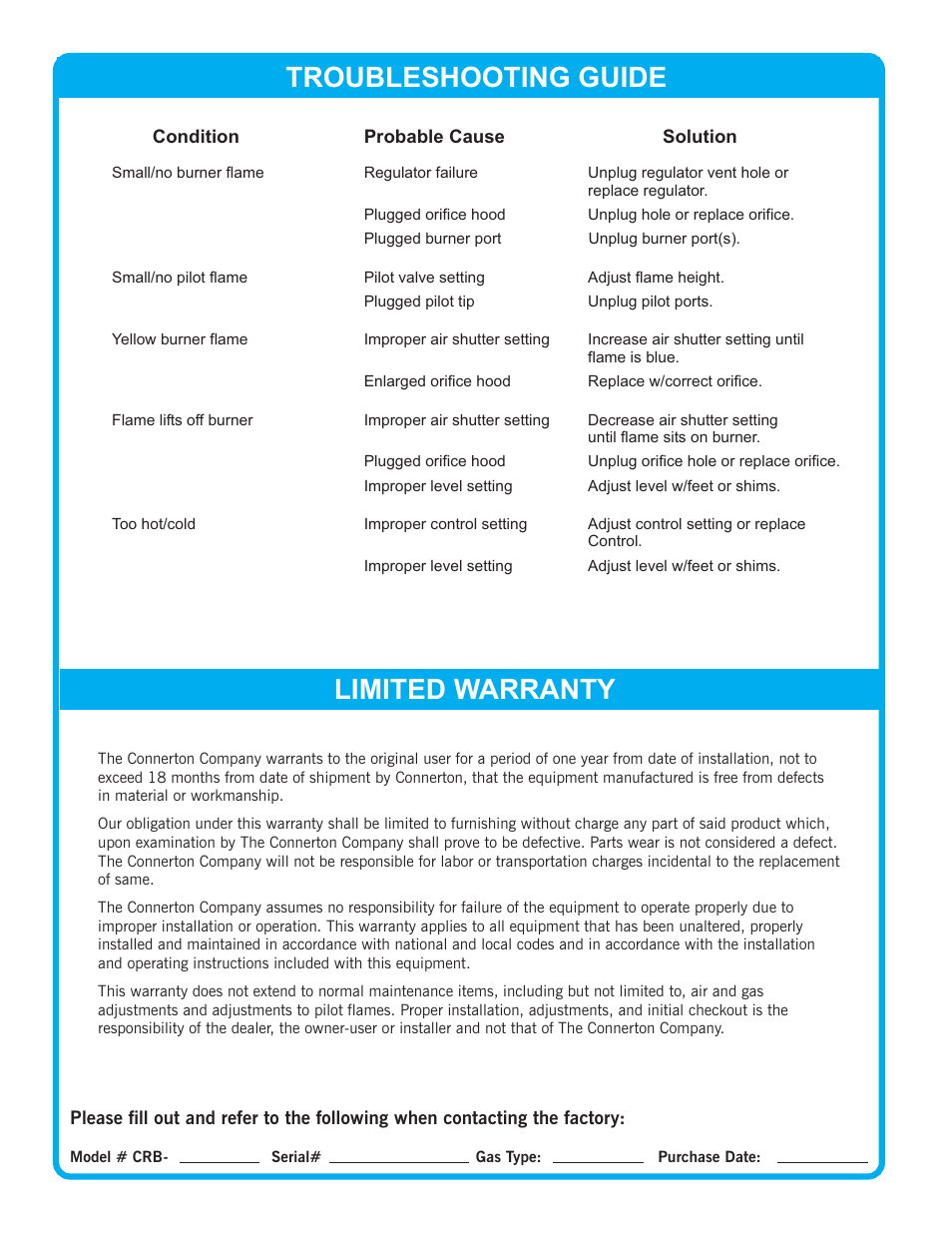 Troubleshooting guide, Limited warranty | Connerton CRB Series User Manual | Page 4 / 4