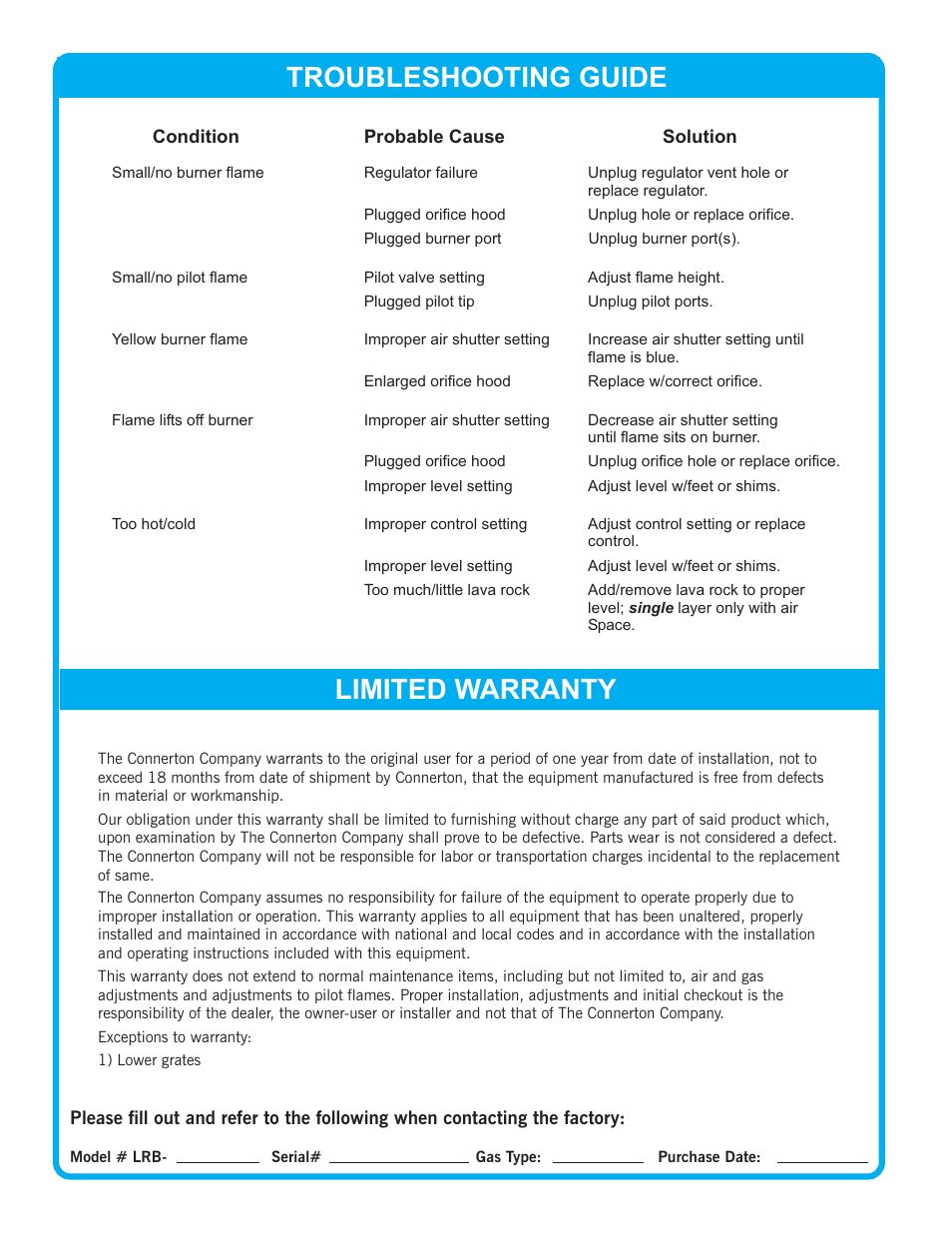 Troubleshooting guide limited warranty | Connerton LRB Series User Manual | Page 4 / 4