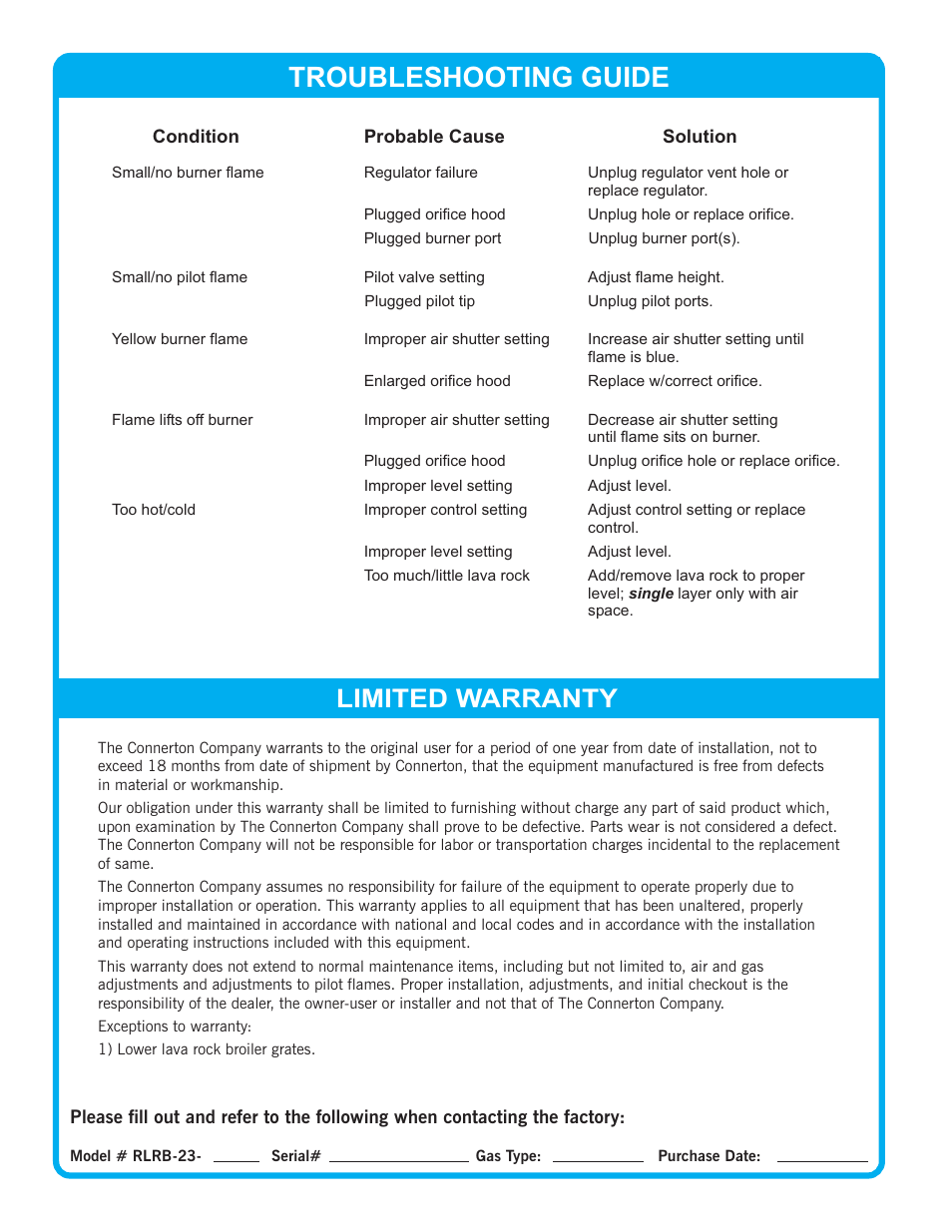 Troubleshooting guide, Limited warranty | Connerton RLRB Series User Manual | Page 4 / 4