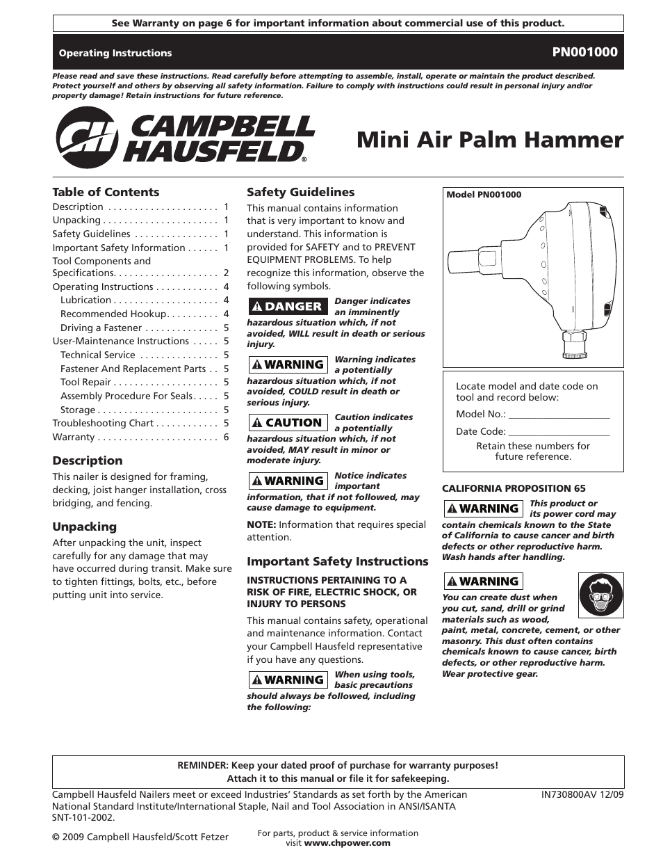 Campbell Hausfeld IN730800AV User Manual | 20 pages