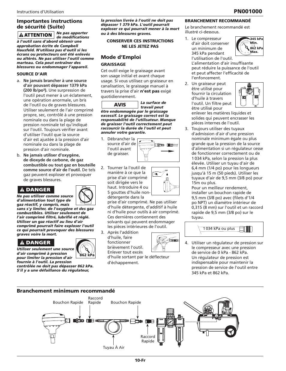 Importantes instructions de sécurité (suite), Mode d’emploi, Branchement minimum recommandé | Campbell Hausfeld IN730800AV User Manual | Page 10 / 20