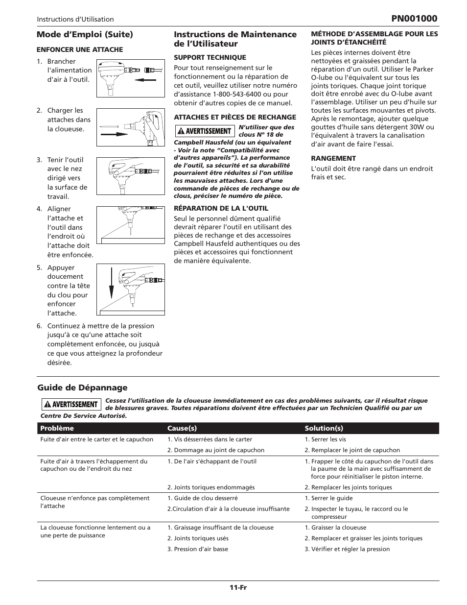 Mode d’emploi (suite), Instructions de maintenance de l’utilisateur, Guide de dépannage | Campbell Hausfeld IN730800AV User Manual | Page 11 / 20