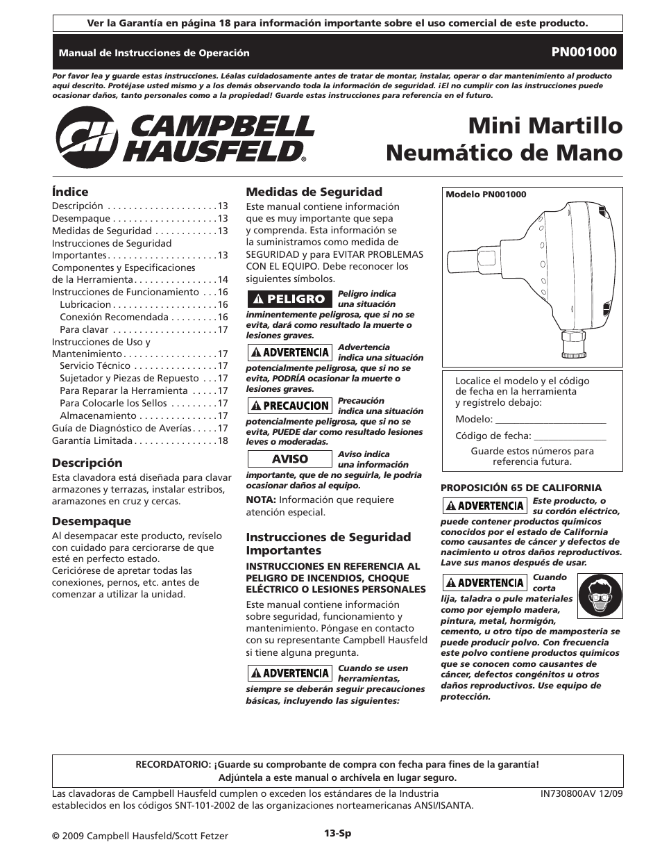 Mini martillo neumático de mano | Campbell Hausfeld IN730800AV User Manual | Page 13 / 20