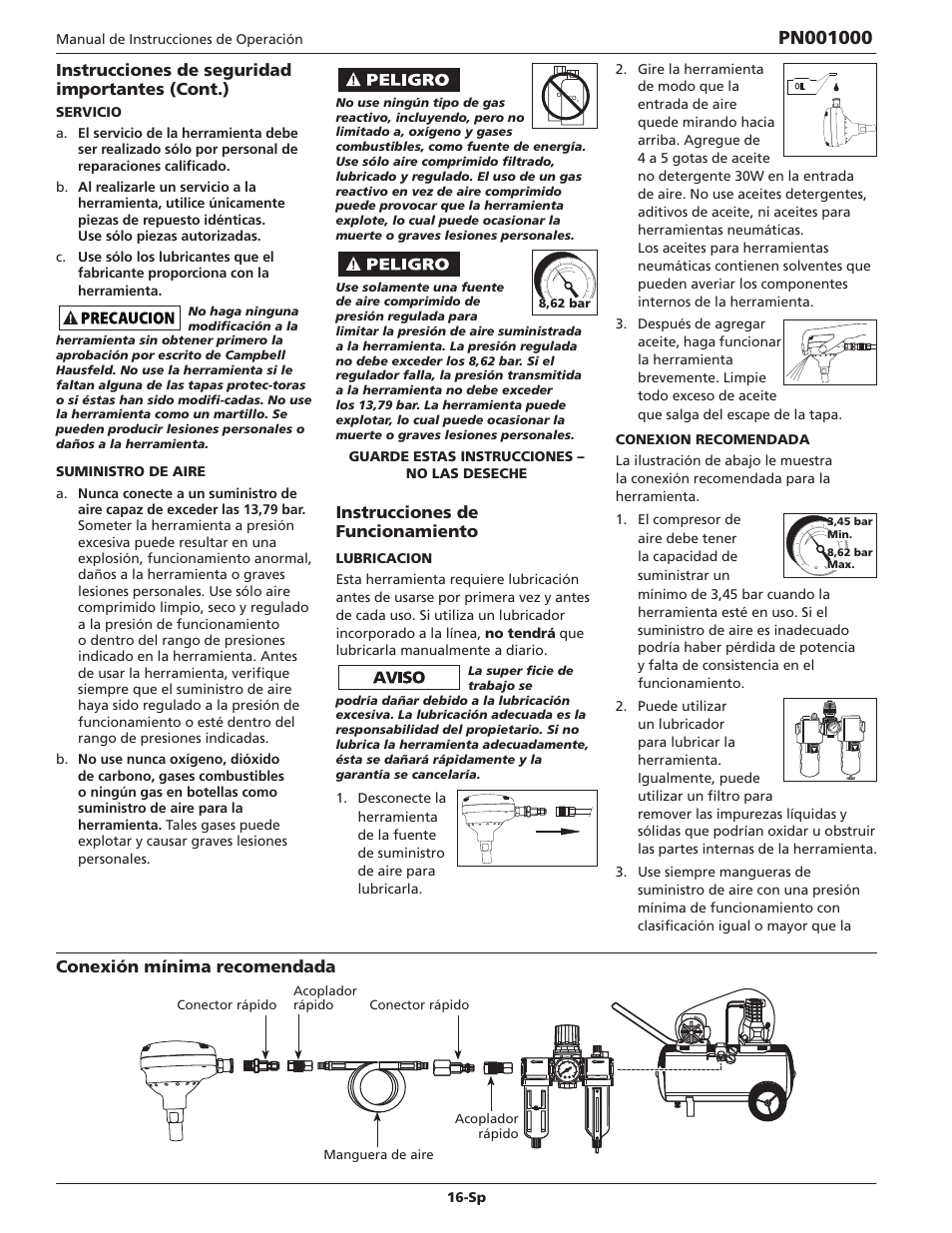 Instrucciones de funcionamiento, Instrucciones de seguridad importantes (cont.), Conexión mínima recomendada | Campbell Hausfeld IN730800AV User Manual | Page 16 / 20