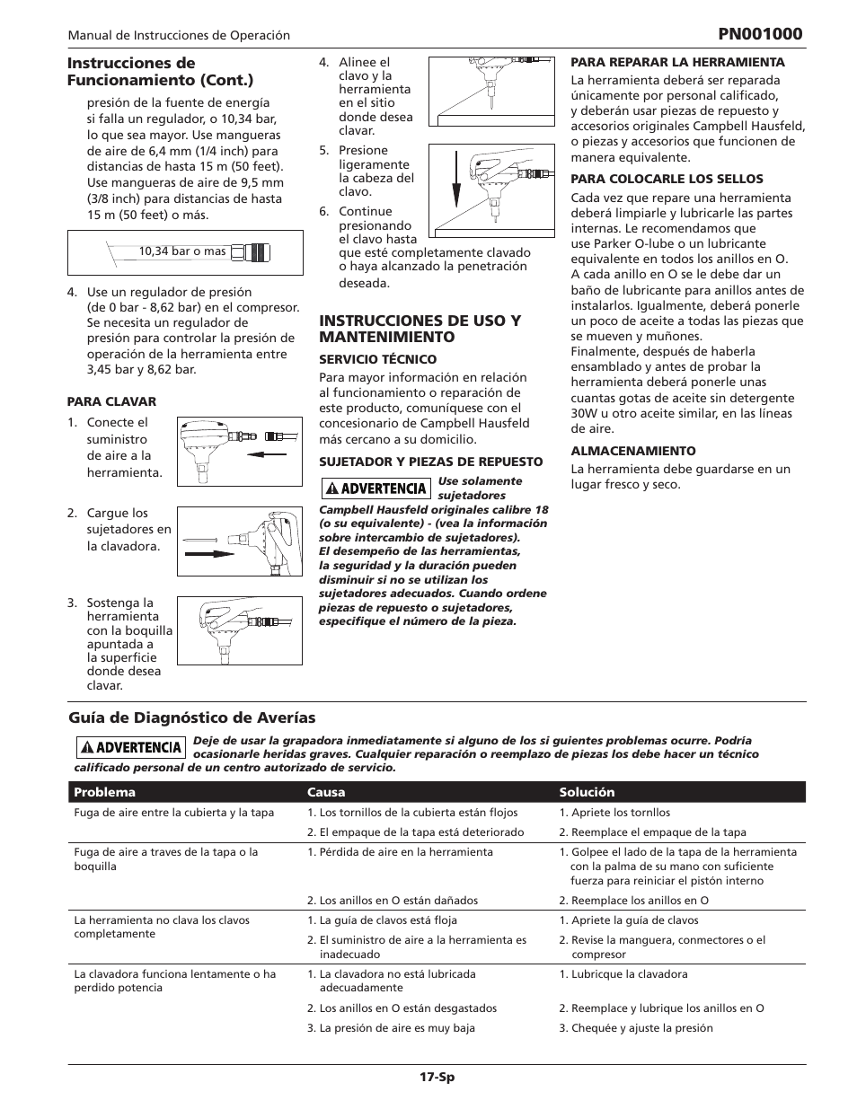 Instrucciones de funcionamiento (cont.), Instrucciones de uso y mantenimiento, Guía de diagnóstico de averías | Campbell Hausfeld IN730800AV User Manual | Page 17 / 20