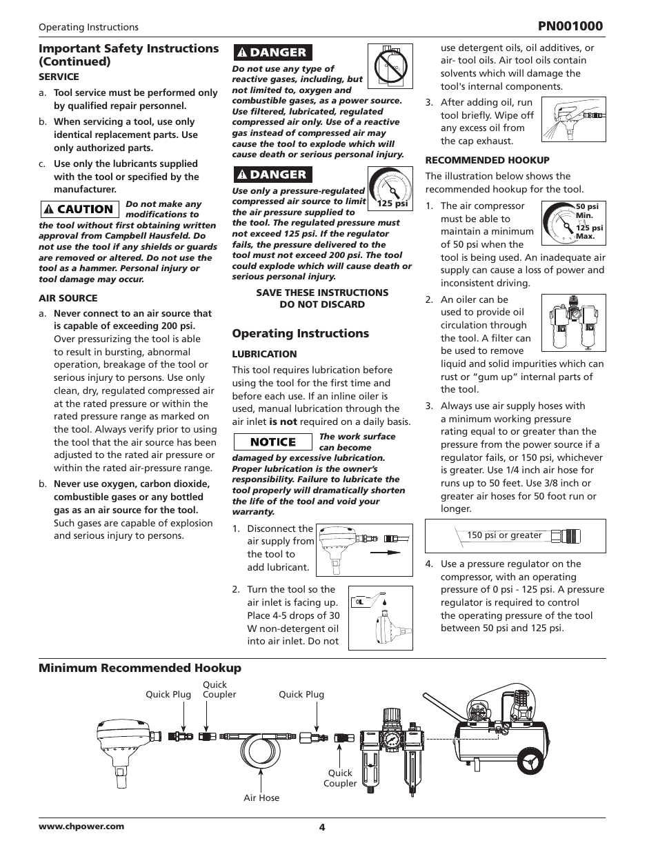 Important safety instructions (continued), Operating instructions, Minimum recommended hookup | Campbell Hausfeld IN730800AV User Manual | Page 4 / 20