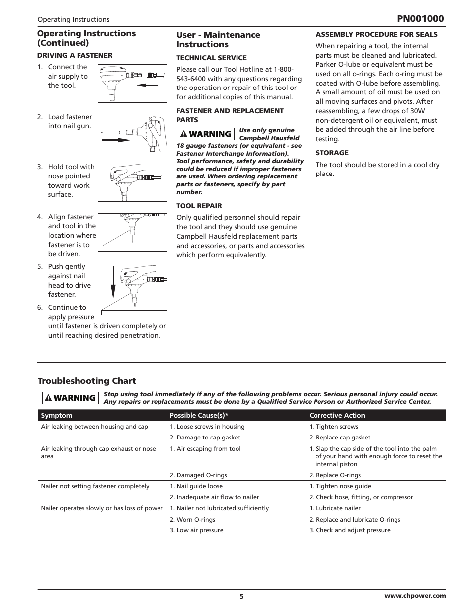 Operating instructions (continued), User - maintenance instructions, Troubleshooting chart | Campbell Hausfeld IN730800AV User Manual | Page 5 / 20