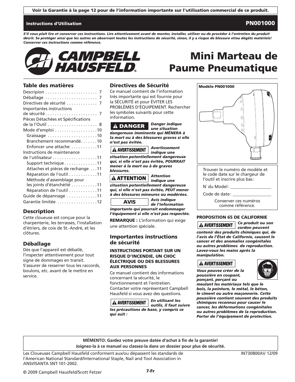 Mini marteau de paume pneumatique | Campbell Hausfeld IN730800AV User Manual | Page 7 / 20