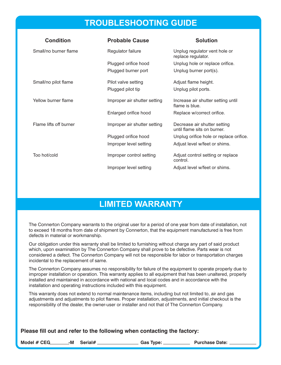 Troubleshooting guide, Limited warranty | Connerton CEG-M Budget Series User Manual | Page 4 / 4