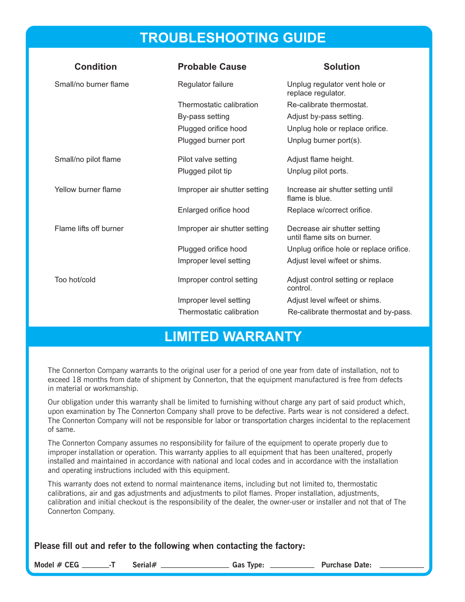 Troubleshooting guide, Limited warranty | Connerton CEG-T Budget Series User Manual | Page 4 / 4