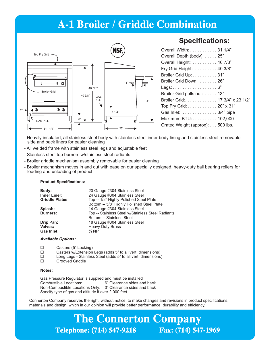 The connerton company, A-1 broiler / griddle combination | Connerton Model A-1 User Manual | Page 2 / 2