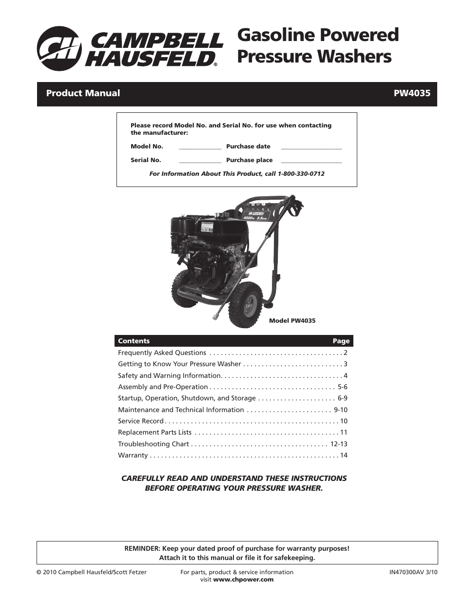 Campbell Hausfeld PW4035 User Manual | 28 pages