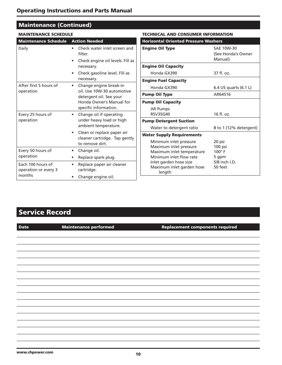 Service record, Operating instructions and parts manual, Maintenance (continued) | Campbell Hausfeld PW4035 User Manual | Page 10 / 28