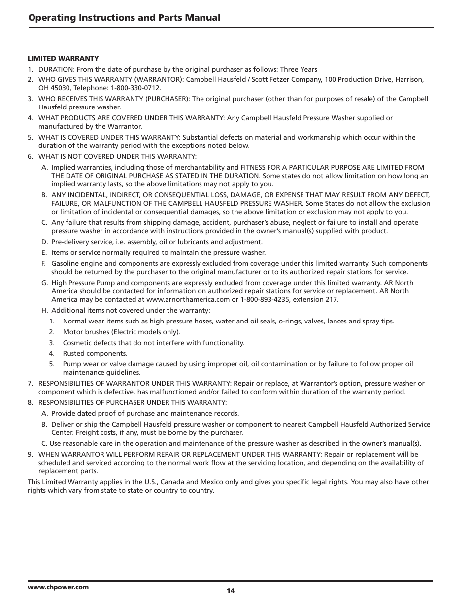 Operating instructions and parts manual | Campbell Hausfeld PW4035 User Manual | Page 14 / 28