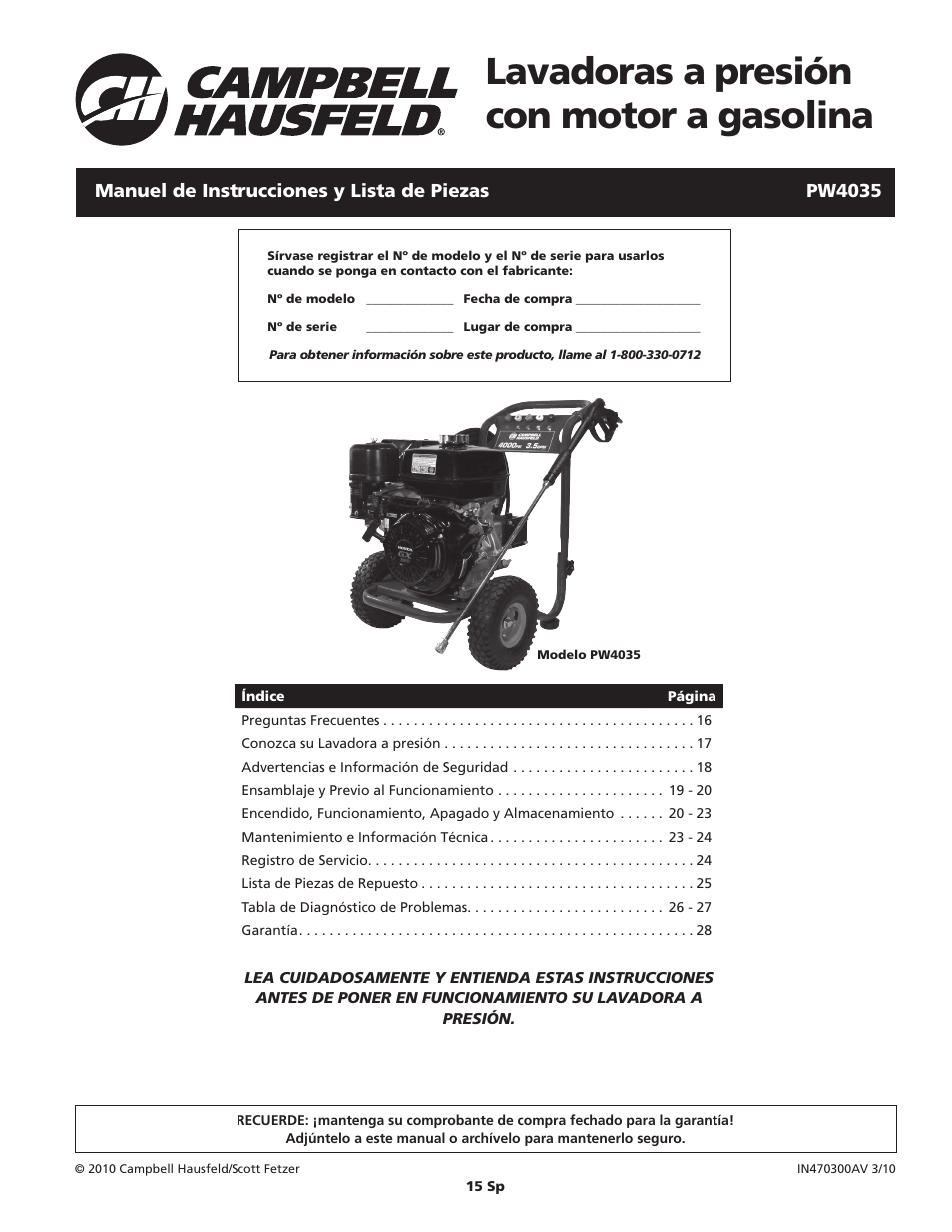 Lavadoras a presión con motor a gasolina | Campbell Hausfeld PW4035 User Manual | Page 15 / 28