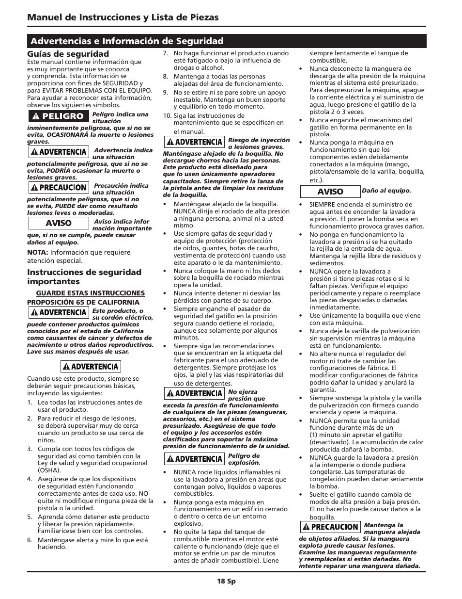 Manuel de instrucciones y lista de piezas, Advertencias e información de seguridad, Guías de seguridad | Instrucciones de seguridad importantes | Campbell Hausfeld PW4035 User Manual | Page 18 / 28