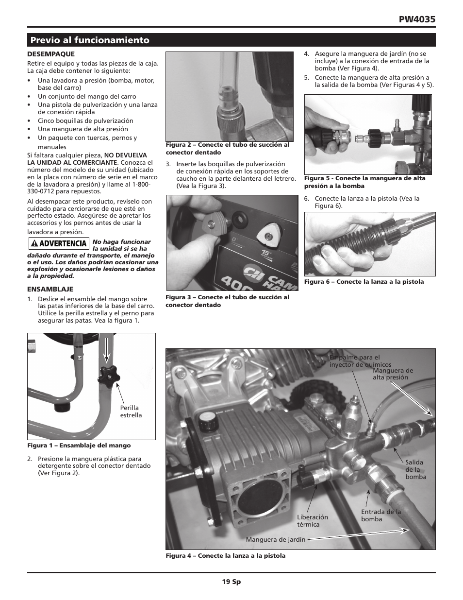 Pw4035, Previo al funcionamiento | Campbell Hausfeld PW4035 User Manual | Page 19 / 28