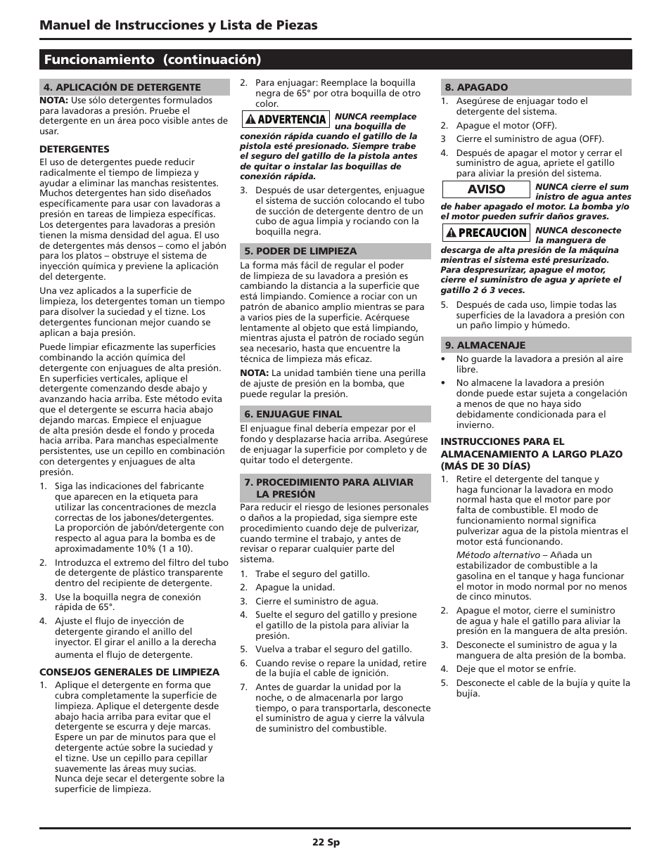 Manuel de instrucciones y lista de piezas, Funcionamiento (continuación) | Campbell Hausfeld PW4035 User Manual | Page 22 / 28