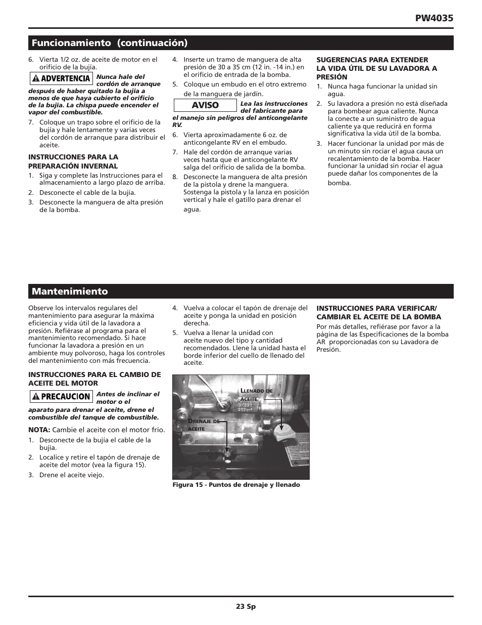 Pw4035, Funcionamiento (continuación), Mantenimiento | Campbell Hausfeld PW4035 User Manual | Page 23 / 28