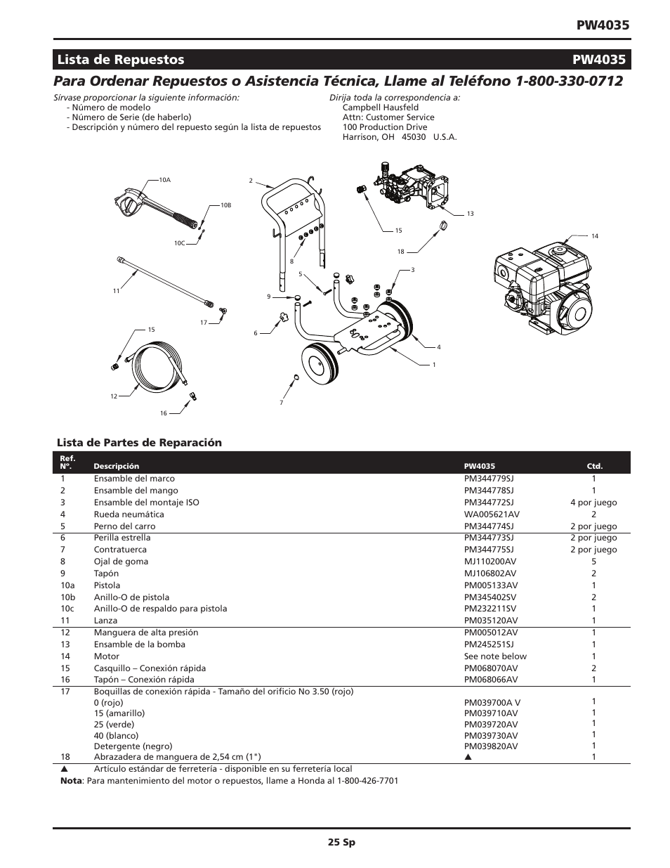 Pw4035, Lista de repuestos pw4035 | Campbell Hausfeld PW4035 User Manual | Page 25 / 28