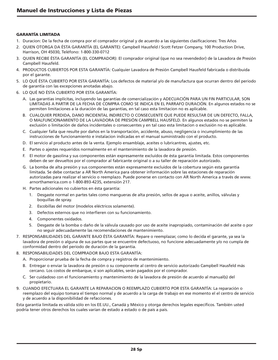 Manuel de instrucciones y lista de piezas | Campbell Hausfeld PW4035 User Manual | Page 28 / 28