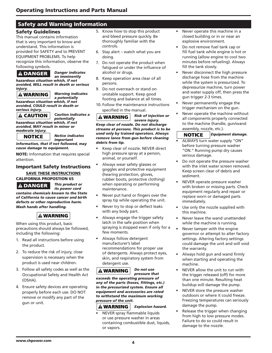 Operating instructions and parts manual, Safety and warning information, Safety guidelines | Important safety instructions | Campbell Hausfeld PW4035 User Manual | Page 4 / 28