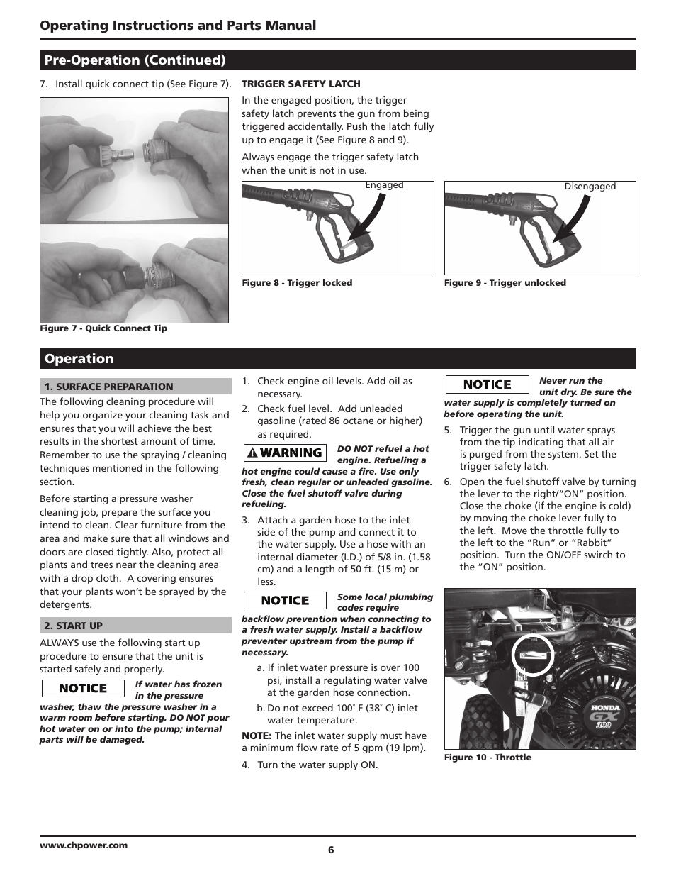 Operating instructions and parts manual, Pre-operation (continued), Operation | Campbell Hausfeld PW4035 User Manual | Page 6 / 28