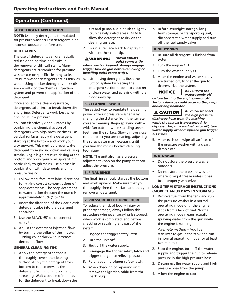 Operating instructions and parts manual, Operation (continued) | Campbell Hausfeld PW4035 User Manual | Page 8 / 28