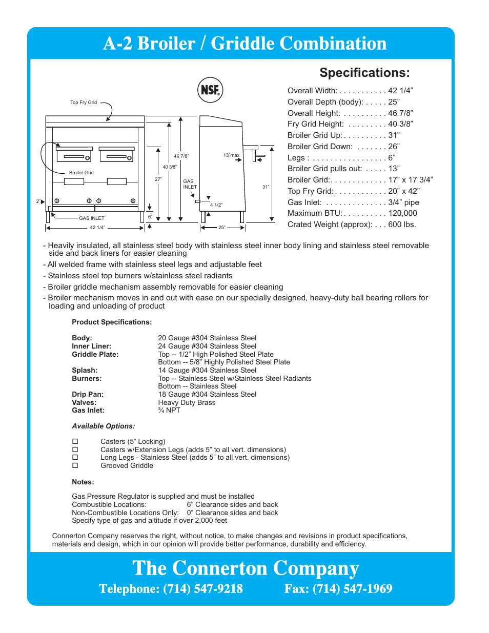 The connerton company, A-2 broiler / griddle combination | Connerton Model A-2 User Manual | Page 2 / 2