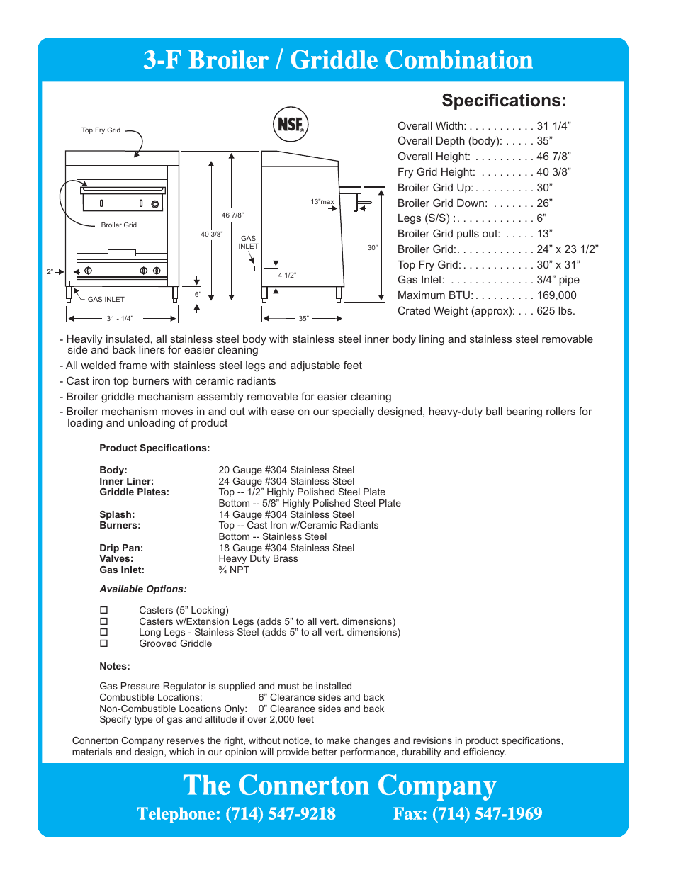 The connerton company, F broiler / griddle combination | Connerton Model 3-F User Manual | Page 2 / 2