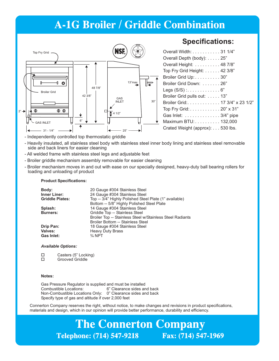 The connerton company, A-1g broiler / griddle combination | Connerton Model A1-G User Manual | Page 2 / 2