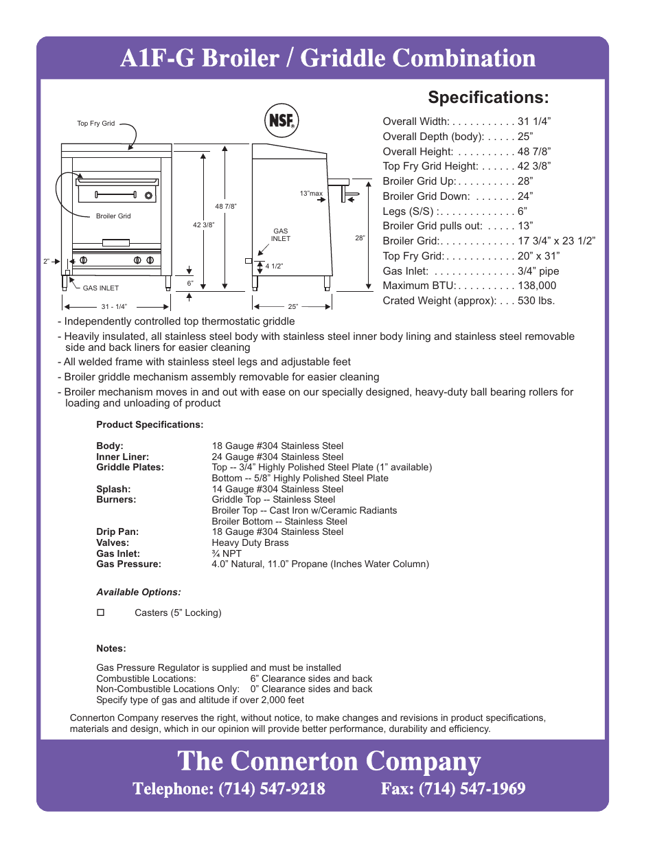 The connerton company, A1f-g broiler / griddle combination | Connerton Model A1F-G User Manual | Page 2 / 2