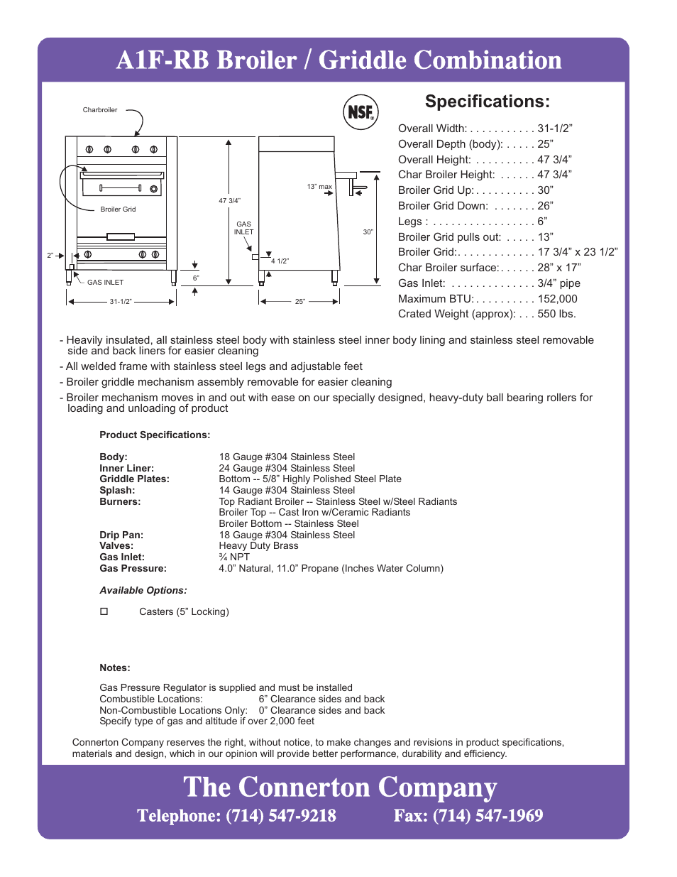 The connerton company, A1f-rb broiler / griddle combination | Connerton Model A1F-RB User Manual | Page 2 / 2