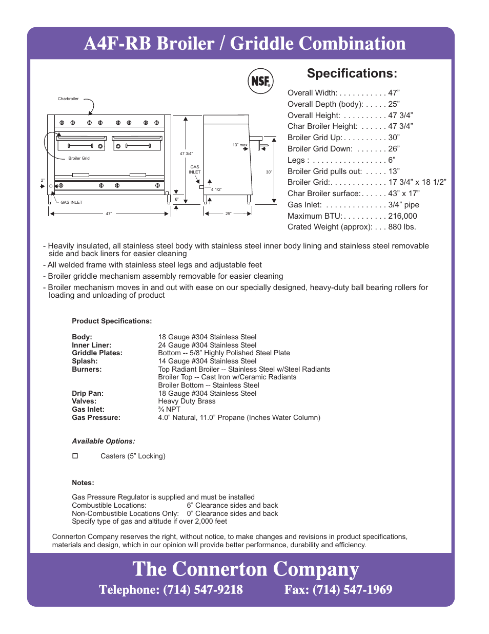The connerton company, A4f-rb broiler / griddle combination | Connerton Model A4F-RB User Manual | Page 2 / 2