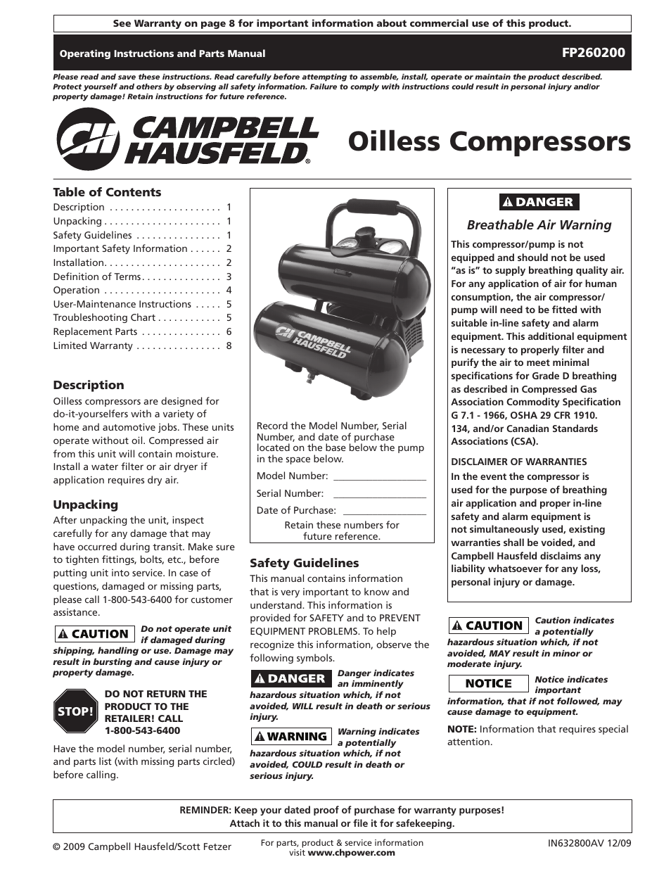 Campbell Hausfeld FP260200 User Manual | 24 pages