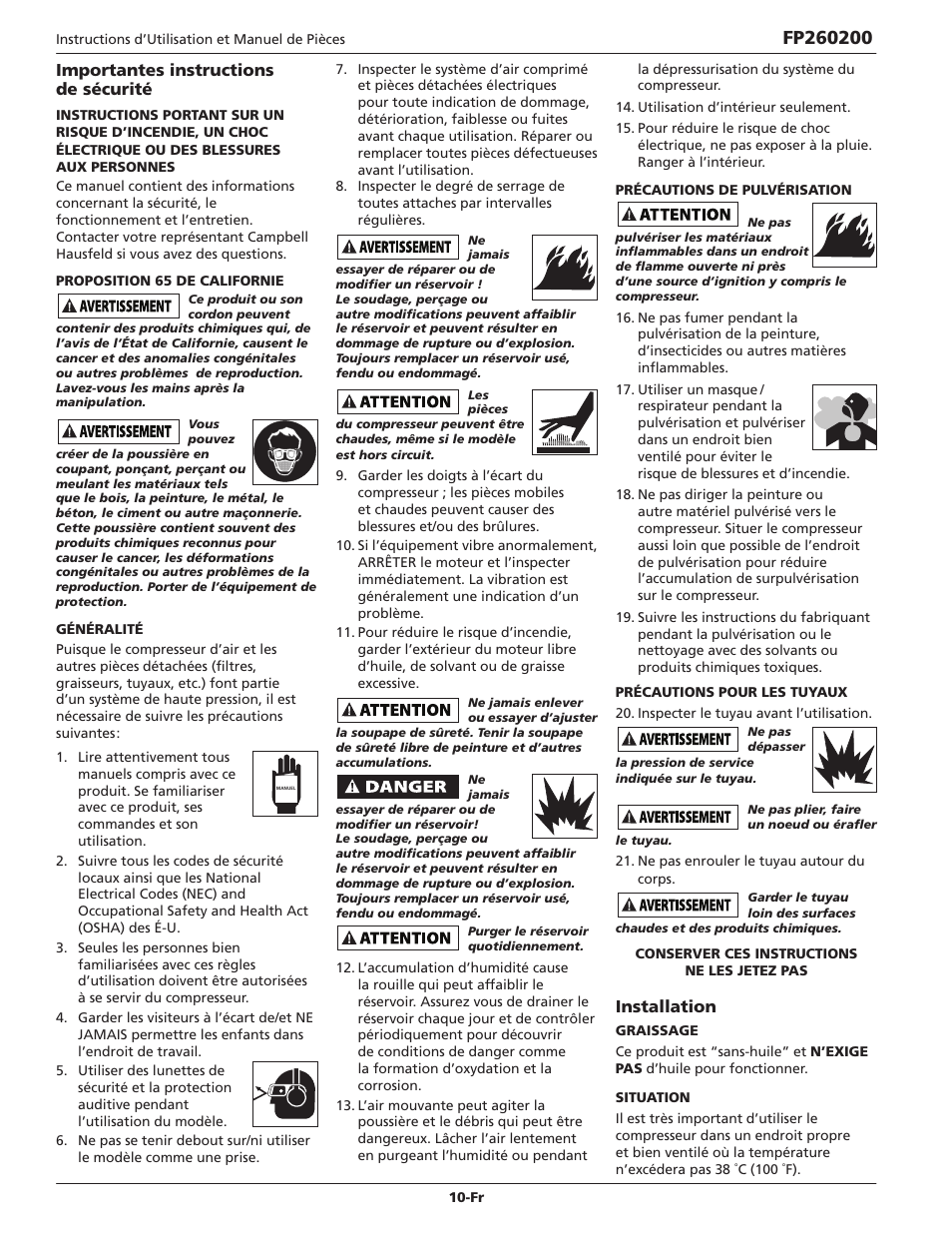 Installation, Importantes instructions de sécurité | Campbell Hausfeld FP260200 User Manual | Page 10 / 24