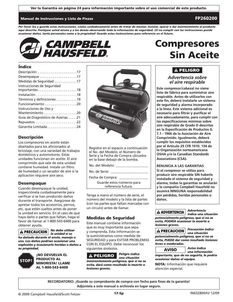 Compresores sin aceite, Advertencia sobre el aire respirable | Campbell Hausfeld FP260200 User Manual | Page 17 / 24
