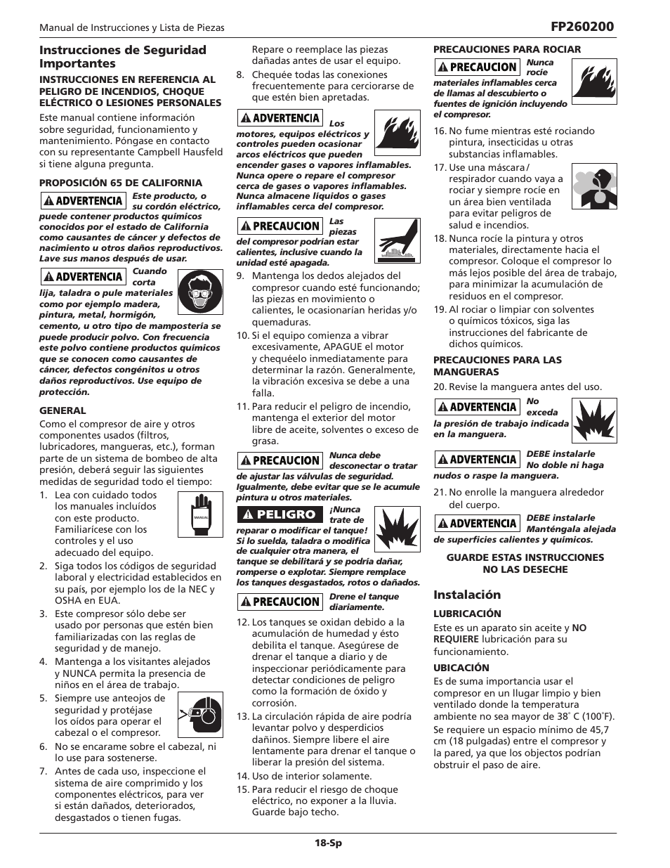 Instalación, Instrucciones de seguridad importantes | Campbell Hausfeld FP260200 User Manual | Page 18 / 24