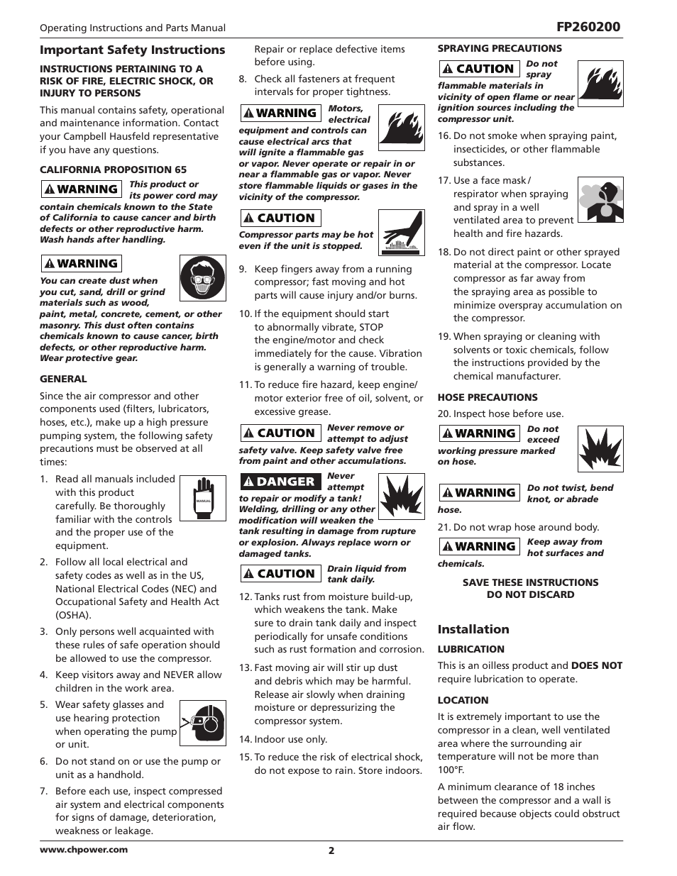 Installation, Important safety instructions | Campbell Hausfeld FP260200 User Manual | Page 2 / 24