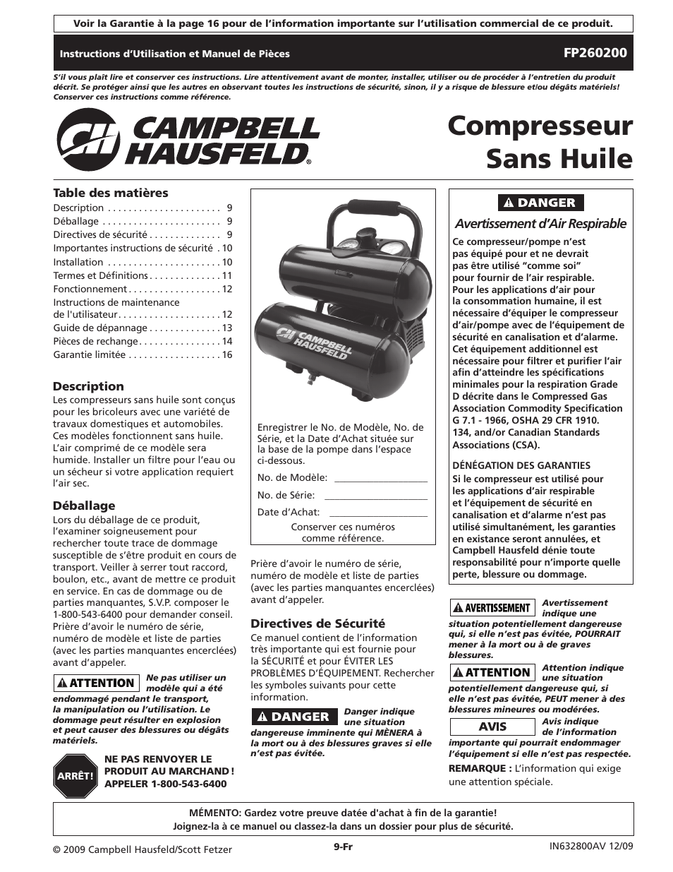 Compresseur sans huile, Avertissement d’air respirable | Campbell Hausfeld FP260200 User Manual | Page 9 / 24