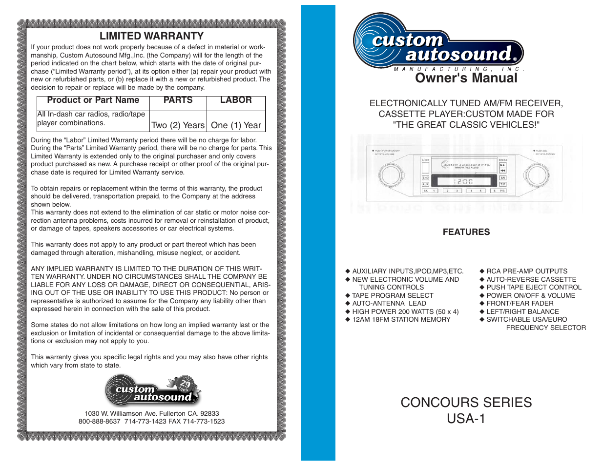 Custom Autosound USA-1 User Manual | 8 pages