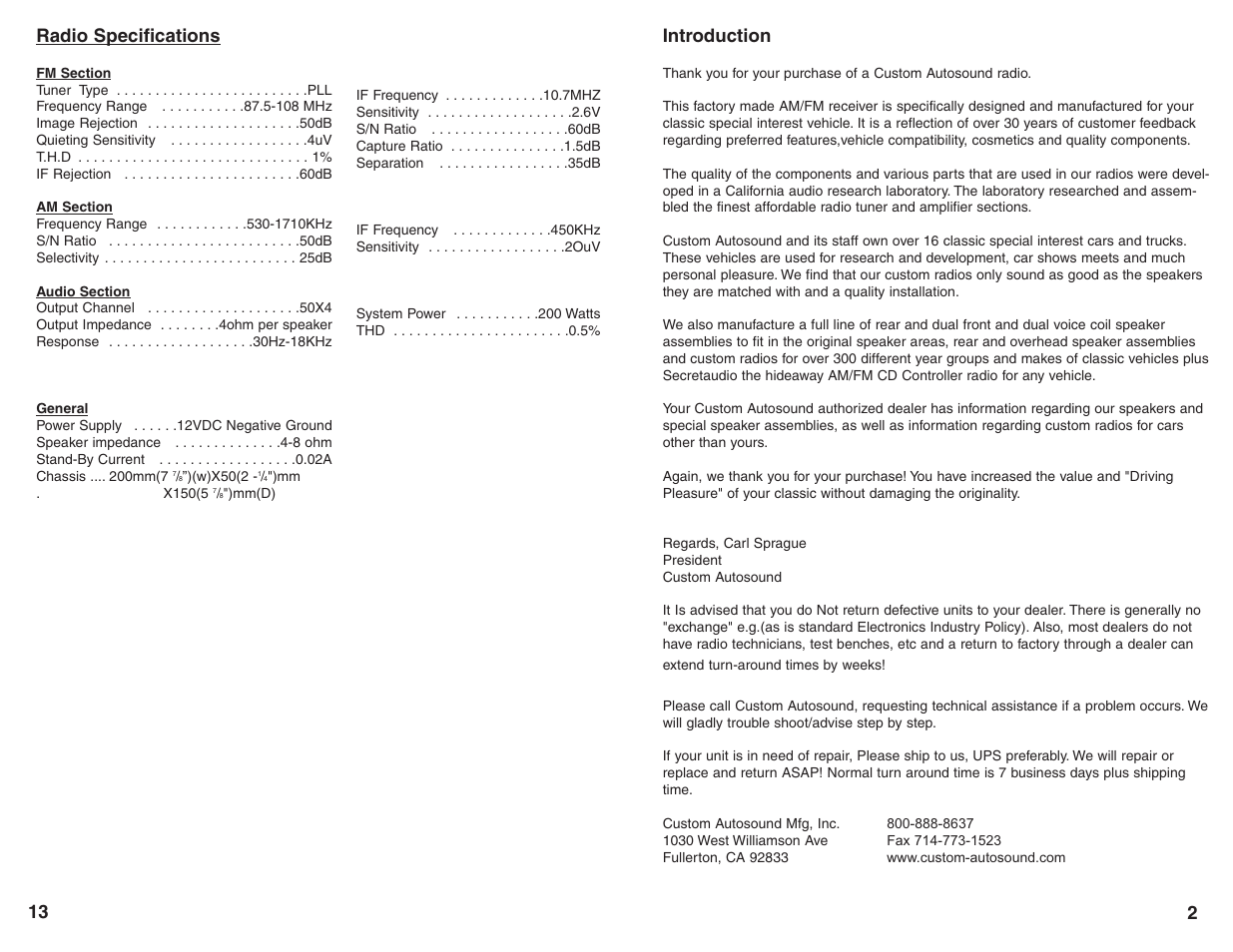 Introduction, 213 radio specifications | Custom Autosound USA-230 User Manual | Page 3 / 8