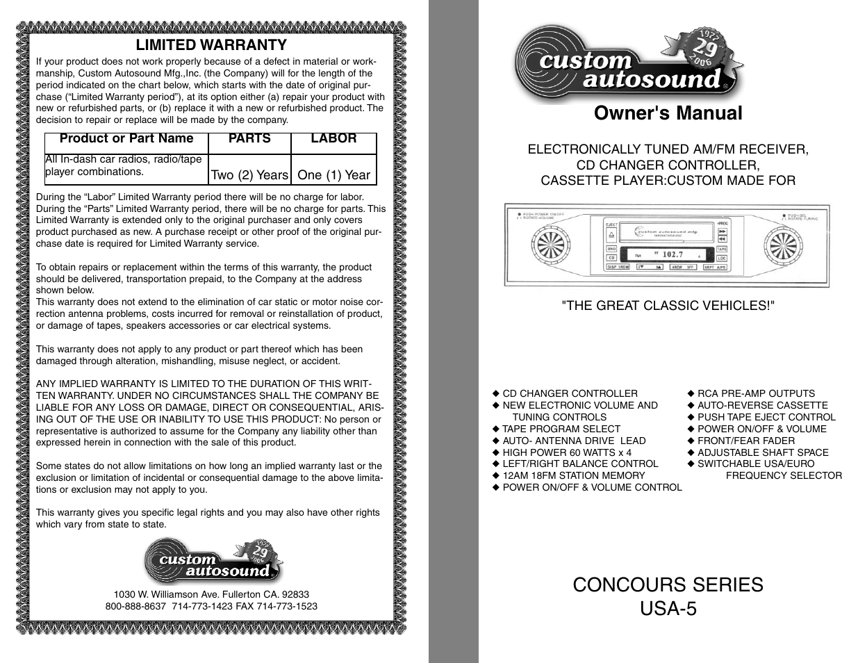 Custom Autosound USA-5 User Manual | 8 pages