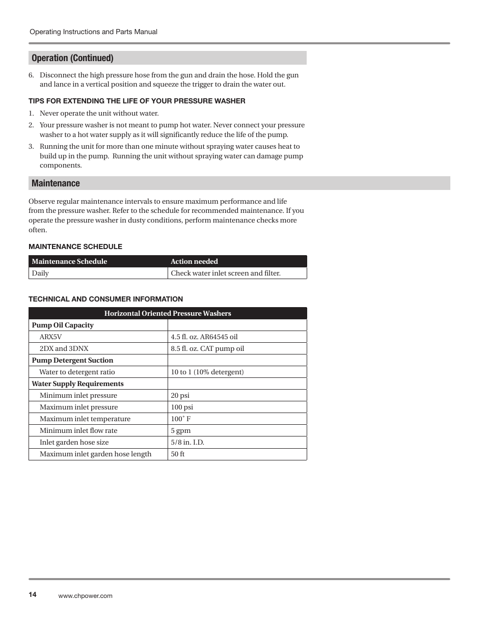 Operation (continued), Maintenance | Campbell Hausfeld IN469800AV User Manual | Page 14 / 60