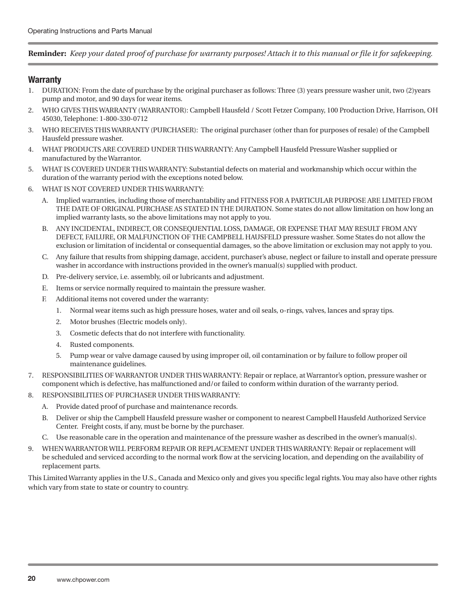 Warranty | Campbell Hausfeld IN469800AV User Manual | Page 20 / 60