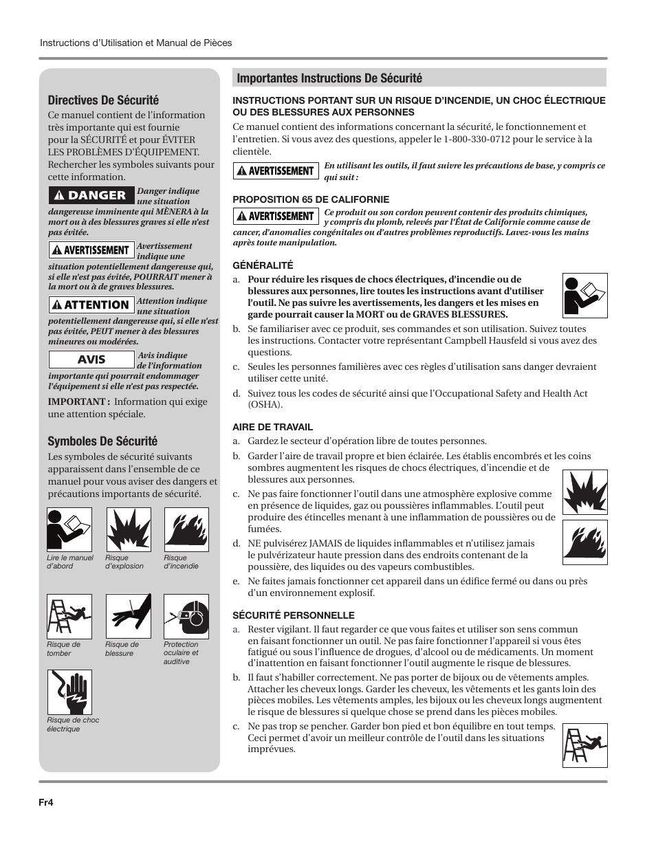 Importantes instructions de sécurité, Directives de sécurité, Symboles de sécurité | Campbell Hausfeld IN469800AV User Manual | Page 24 / 60