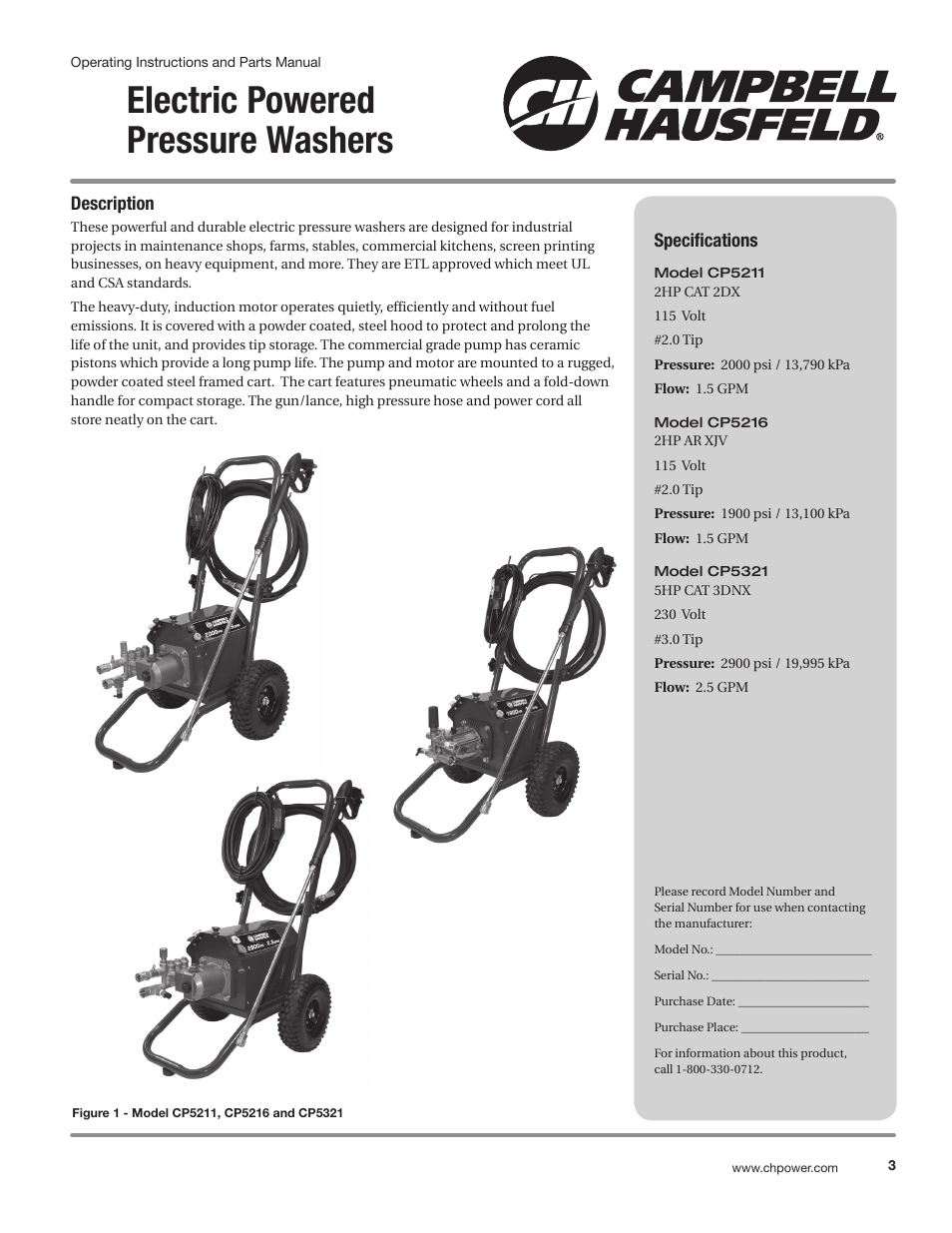 Electric powered pressure washers | Campbell Hausfeld IN469800AV User Manual | Page 3 / 60