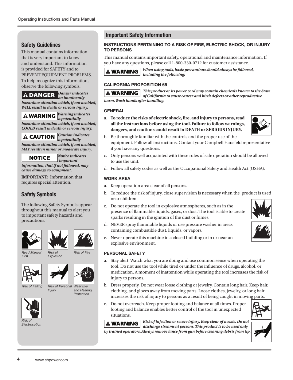 Important safety information, Safety guidelines, Safety symbols | Campbell Hausfeld IN469800AV User Manual | Page 4 / 60