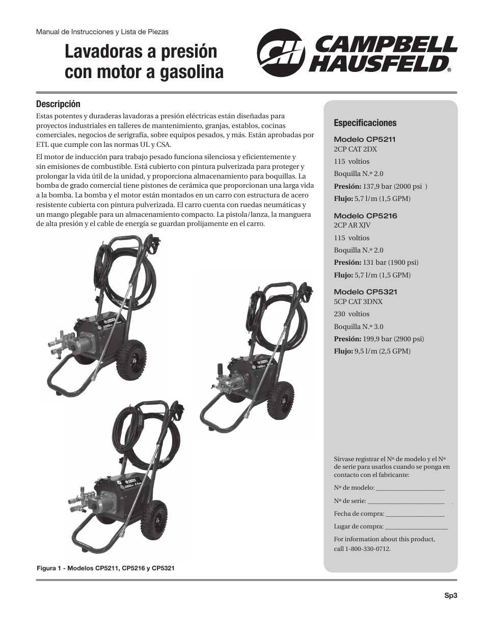 Lavadoras a presión con motor a gasolina | Campbell Hausfeld IN469800AV User Manual | Page 43 / 60